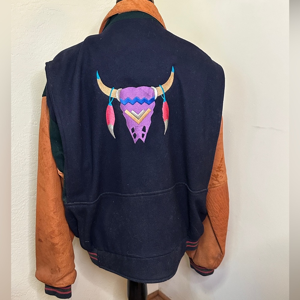 Western Leather Baseball Jacket, Real Leather & Wool w/ Steer Head Embroidery.
